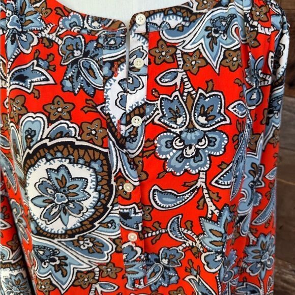 Loft-Anne Taylor Red Blue Brown Floral Long Sleeve Smock Tunic-Henley style sz L - Picture 3 of 16